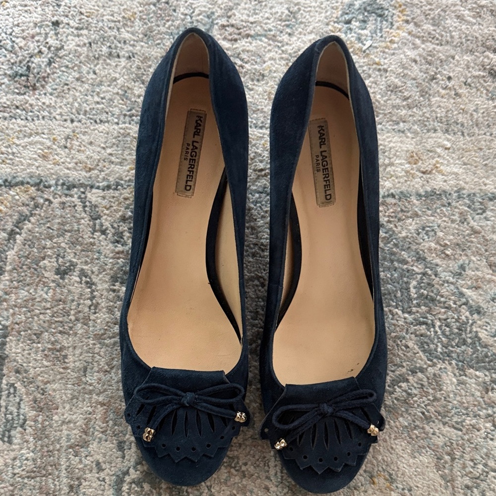 Karl Lagerfeld Navy Suede Pumps with Bow Detail
